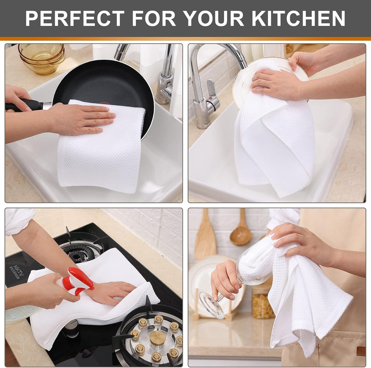 Kitinjoy 100% Cotton Waffle Weave Kitchen Towels, 6-Pack Super Soft and Absorbent Dish Towels for Drying Dishes, Kitchen Hand Towels, 13 in x 28 in, White