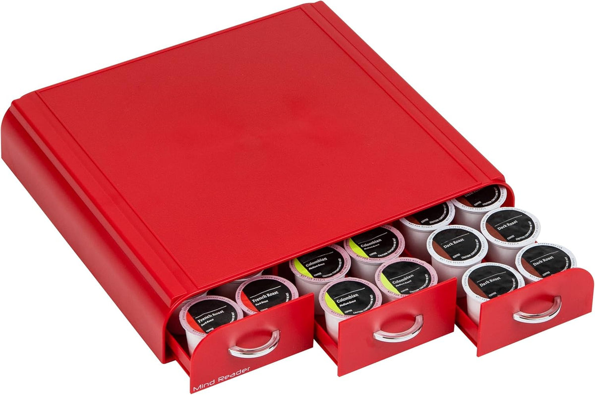 Mind Reader Single Serve Coffee Pod Organizer with 3 Drawers, 36 Pod Capacity, Countertop, 13.5"L x 12.25"W x 2.5"H, Red