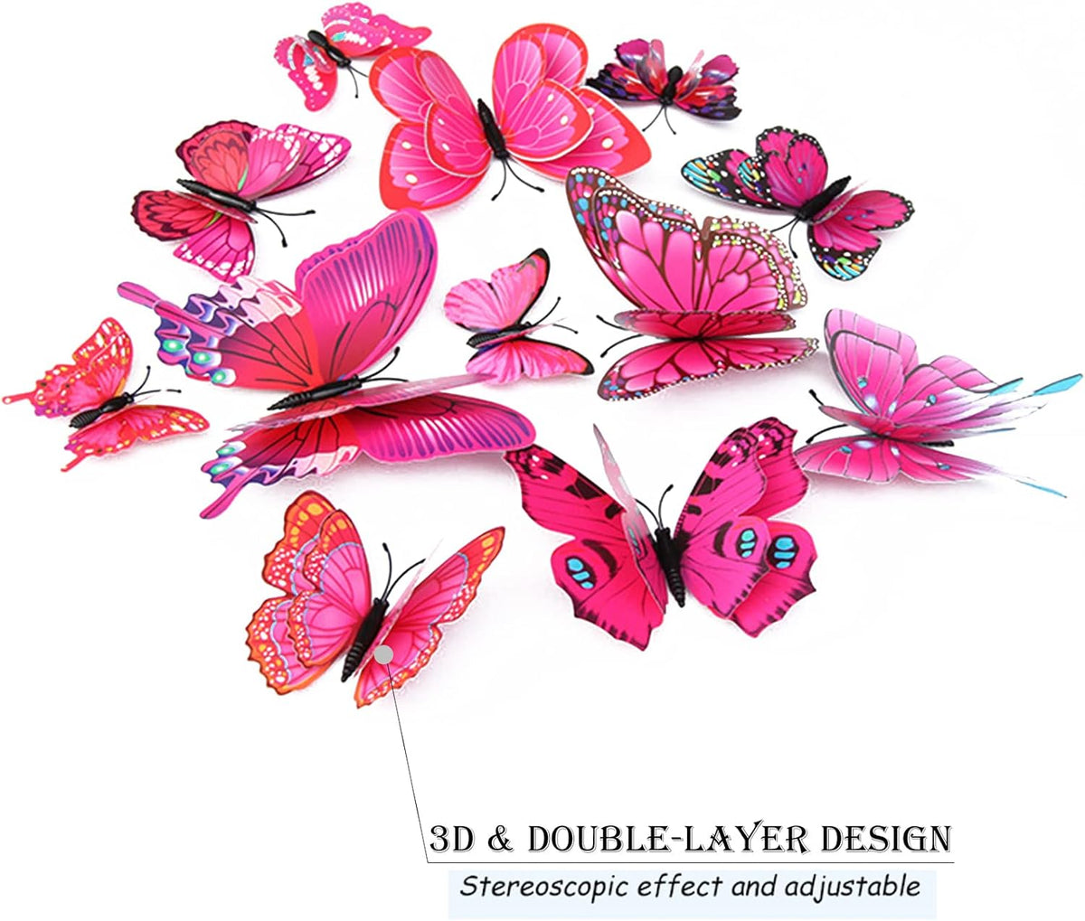 Butterfly Wall Decor 24/48 PCS, 3D Butterflies Stickers for Party Decorations with Magnets (Purple&red, 24)