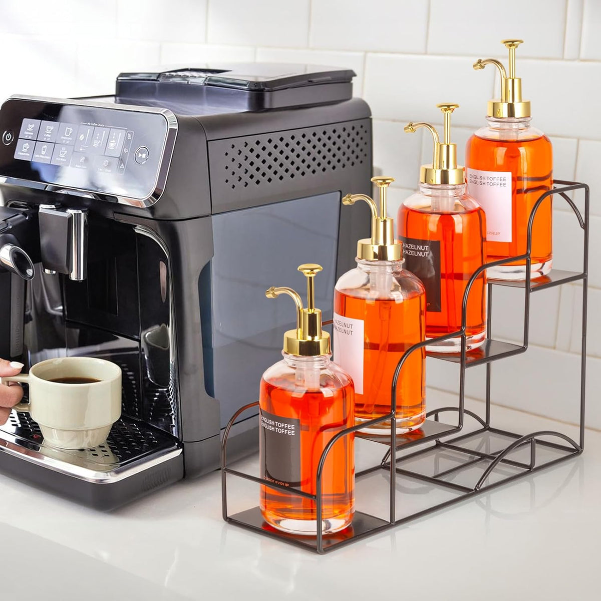 Syrup Rack for Coffee Bar Accessories, Iron 4 Compartment Bottle Organizer, Countertop Display Storage Shelf Bottle Stand, Metal Coffee Bar Organizer for Wine, Kitchen, Holds 4 Bottles