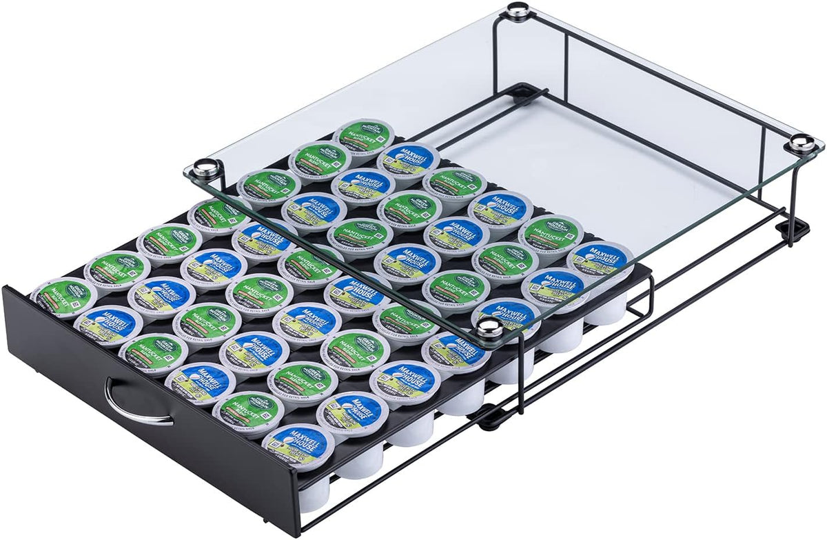 Rice rat Coffee Pod Holder for Keurig Pods Glass Top Drawer,K cup Holder Capsule Display Storage compatibility 42 k-cup(Black)