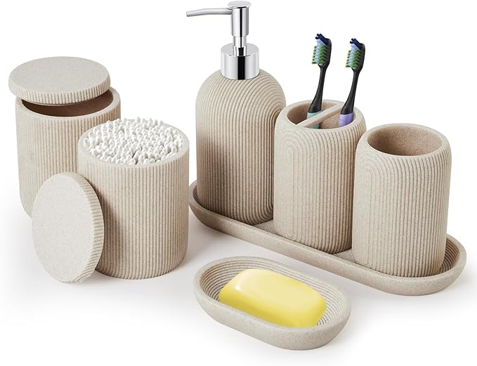 Bathroom Accessories Set - 7-Piece Resin Bathroom Set, Toothbrush Holders Set, Soap Dispenser, Qtip Holder Dispenser, Tumbler, Soap Dish & Tray, Modern Bath Decor for Home Dorm Hotel (Beige)