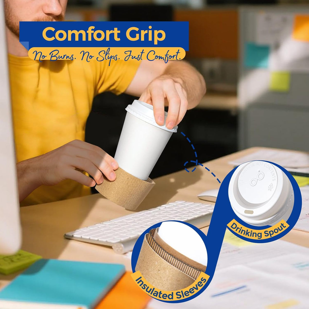 Fit Meal Prep 50 Pack 8 oz Disposable Coffee Cups with Lids, Sleeves, Leak-Proof To Go Coffee Cups with Lids, Durable Hot Paper Cups for Home, Office, Party, Business