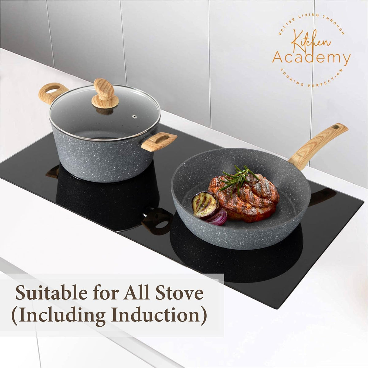 Kitchen Academy Induction Cookware Sets - 12 Piece Gray Cooking Pan Set, Granite Nonstick Pots and Pans Set