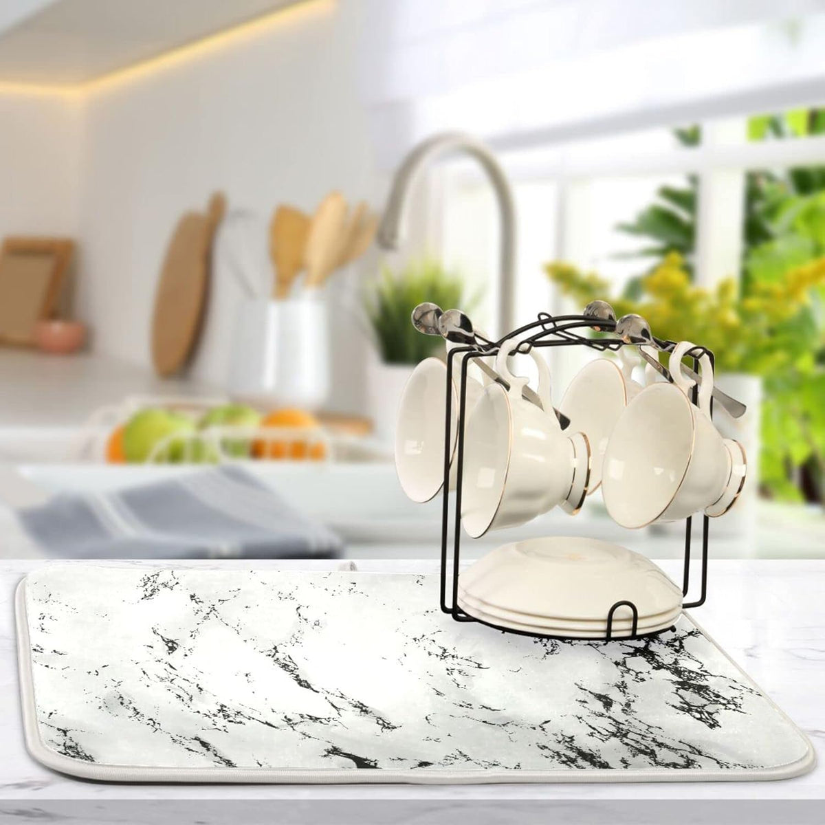 Super Absorbent Dish Drying Mat, Microfiber Fast-Drying Dish Mat, 16" x 18", Kitchen Dish Drying Pad, White Marble