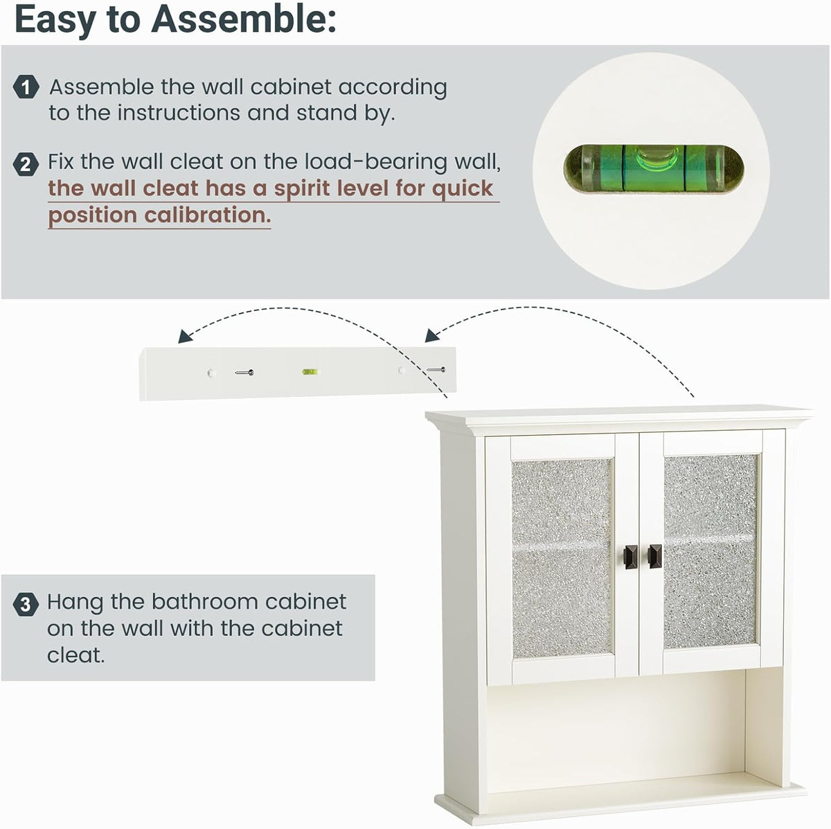 Bathroom Cabinet Wall Mount, Over Toilet Storage Cabinet with Glass Door Build-in Spirit Level Cupboard Hanging Medicine Cabinet for Bathroom Laundry Kitchen Living Room (Cream White)