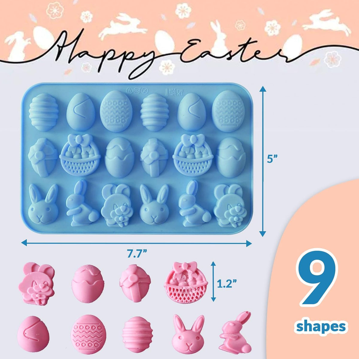 HKNMTT Easter Silicone Candy Mold 4-PACK 9 Shaped Egg Rabbit 72 Cavities Chocolate Mould Wax Melt Tray for Gummies Cupcake Decor Kids Holiday Gift Fudge Making Set