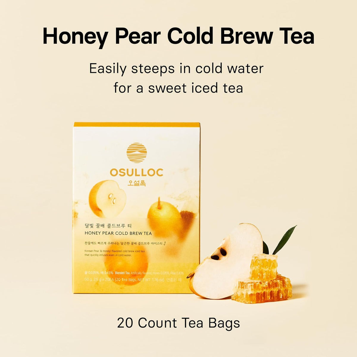 OSULLOC Honey Pear Cold Brew Tea, Korean Pear & Honey flavored iced tea (20ea, 1.76oz)