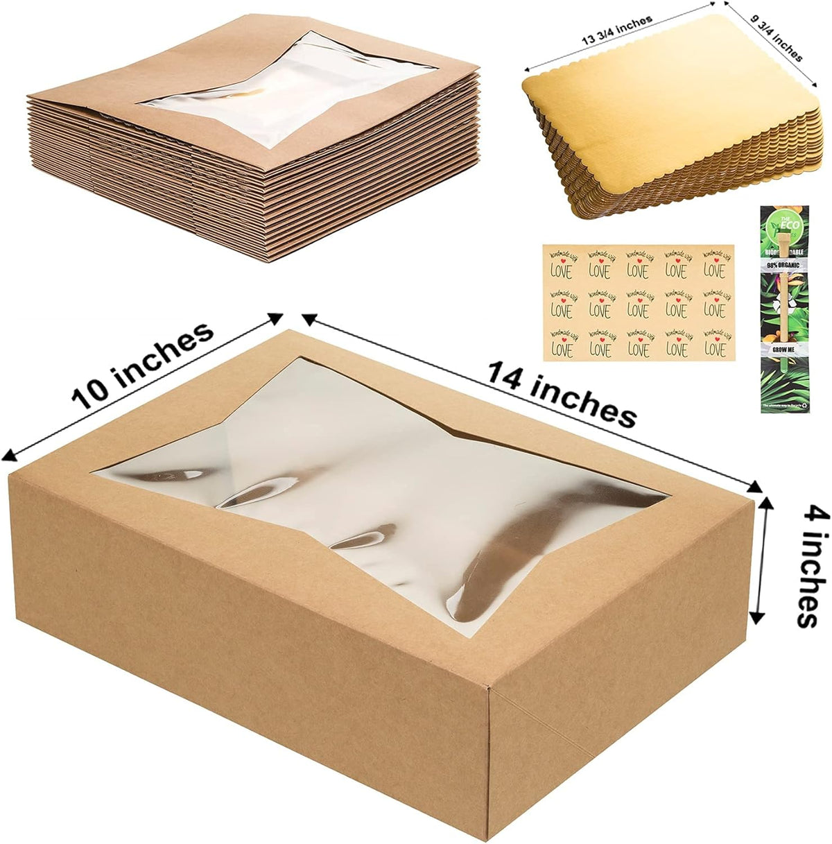 (15 Pack) Cake Boxes with Cake Boards INCLUDED – Easy-Assembly, 14 x 10 x 4 Inch, Dessert Boxes with Window, Stickers – Store & Sell Cakes, Cupcakes, Muffins, & Donuts in Bakery Boxes