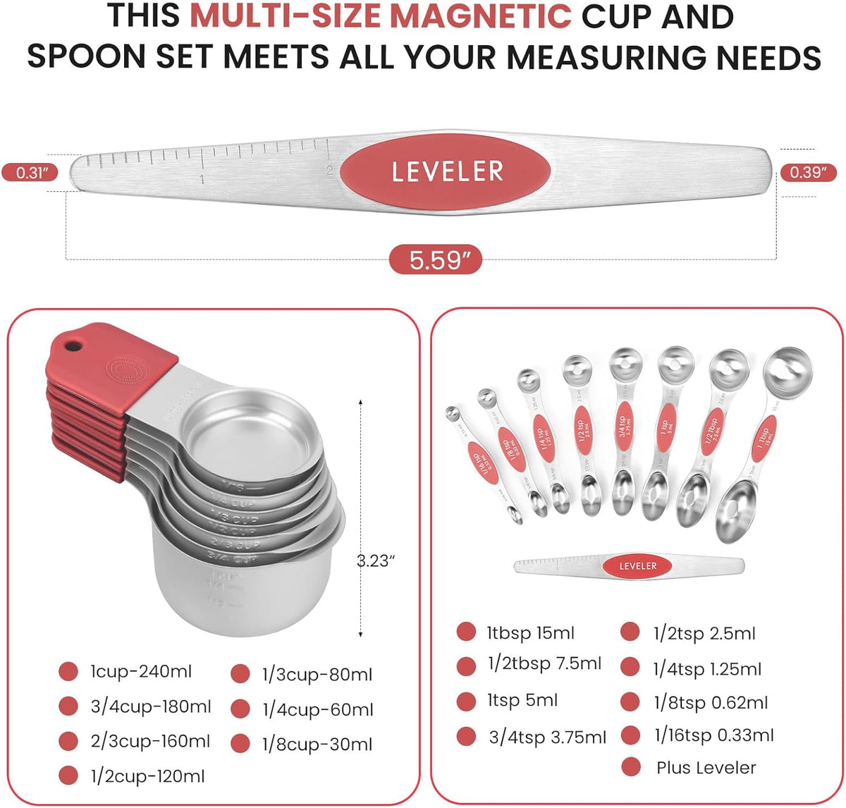 Magnetic Measuring Cups and Spoons Set-Heavy Duty 304 Stainless Steel，Double Measurement Markings，Set of 16 with Leveler for Measure Dry and Liquid Ingredients (Red)