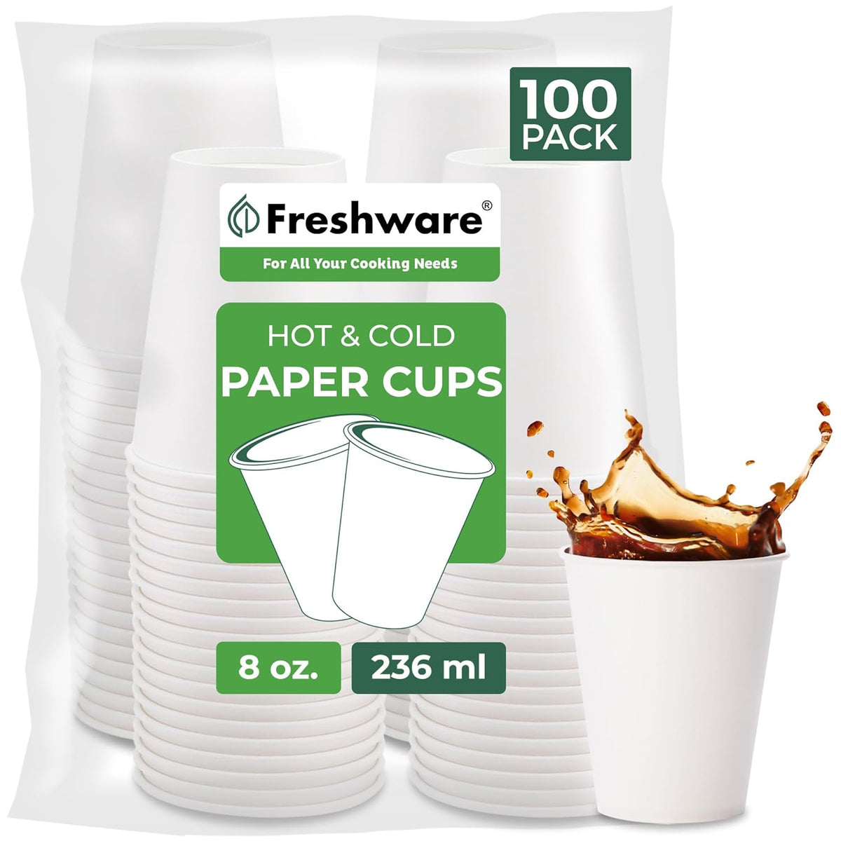 Freshware Coffee Cups 8 oz [100 Pack] Disposable Paper Cups for Hot or Iced Coffee Cup, Slushie Cup, Milkshakes, Smoothies, and Tea