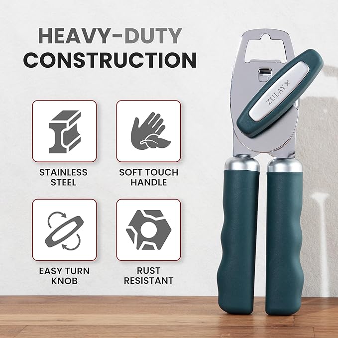 Zulay Kitchen Heavy Duty Stainless Steel Can Opener Manual with Bottle Opener - Rust Proof Manual Can Opener With Turn Knob & Soft Grip Handles