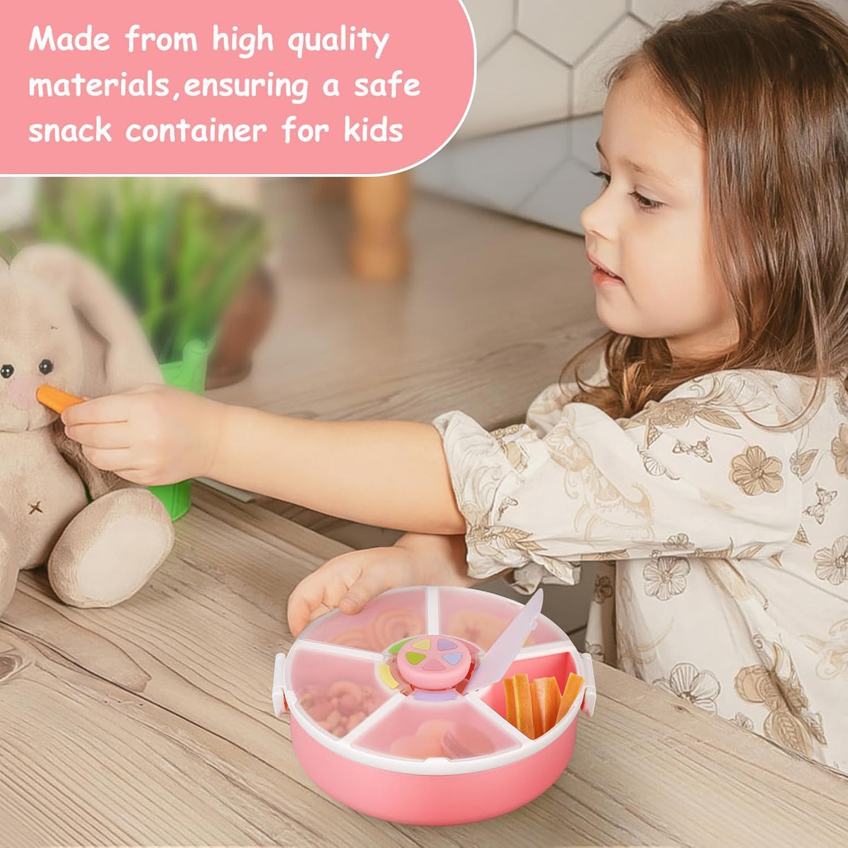 Snack Spinner Set for Kids – 2-Pack, Includes Rotating Snack Container & Classic Sectioned Snack Box, BPA-Free, Dishwasher Safe, Perfect for Travel, Pink