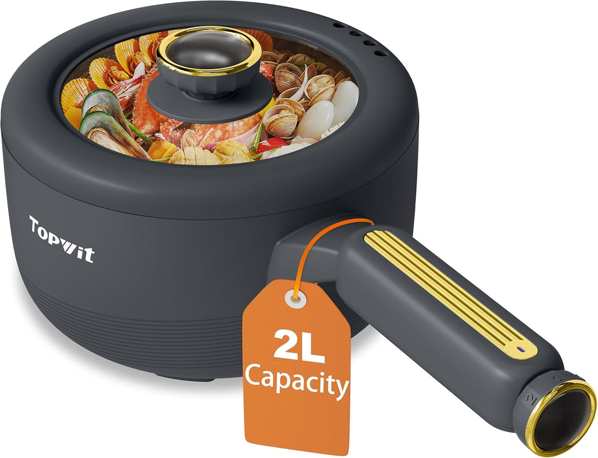 TOPWIT Hot Pot Electric, 2L Electric Pot, Non-Stick Sauté Pan, Portable Cooker for Steak, Egg, Fried Rice, Ramen, Soup with Dual Power Control (Silicone Spatula Included), Grey