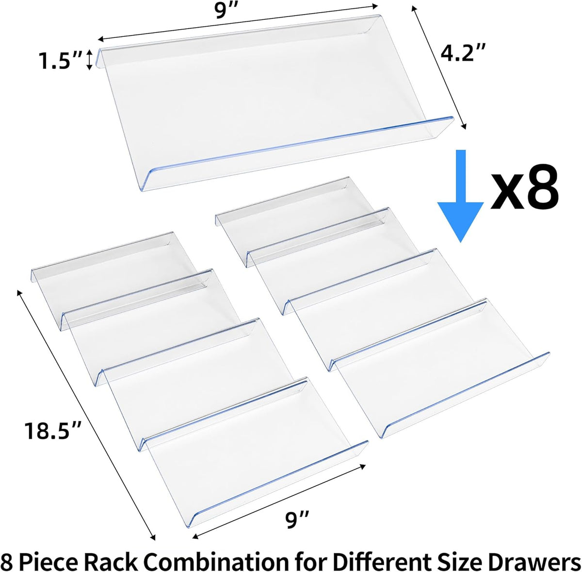 MIUKAA Clear Acrylic Spice Drawer Organizer, 4 Tier- 2 Set Expandable From 9" to 18" Seasoning Jars Drawers Insert, Kitchen Spice Rack Tray for Drawer/Countertop (Jars not included)