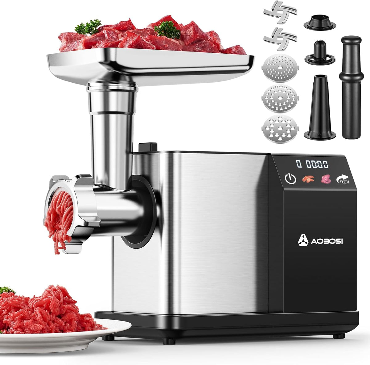 AAOBOSI Meat Grinder Electric 3000W Max with Touch Color Screen, Auto-Reverse & Built-in Storage - 3 Speed Settings,Grinding, Sausage & Kibbe Making for Home Use, Stainless Steel