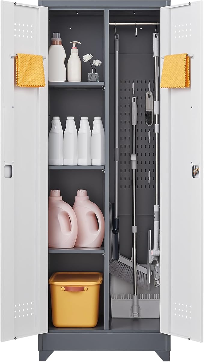 FLEXIMOUNTS 65'' Tall Metal Storage Cabinet with Locking Door, Large Cleaning Tool Organizer for Brooms, Garage, Laundry Room, Bathroom, Grey-White