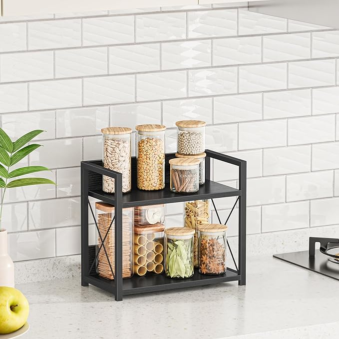 Giikin Kitchen Counter Shelf, 2 Tier Kitchen Spice Rack Organizer for Countertop, Wood Coffee Bar Organizer for Home (Black, S)