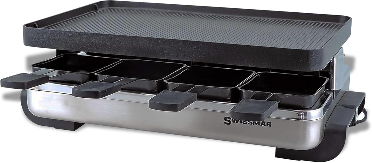Swissmar Classic Raclette Party Grill with Reversible Cast Aluminum Non-Stick Grill Plate/Crepe Top, Outdoor & Indoor Electric BBQ Grill, Samgyupsal Griller - Brushed Stainless Steel - 8-Person