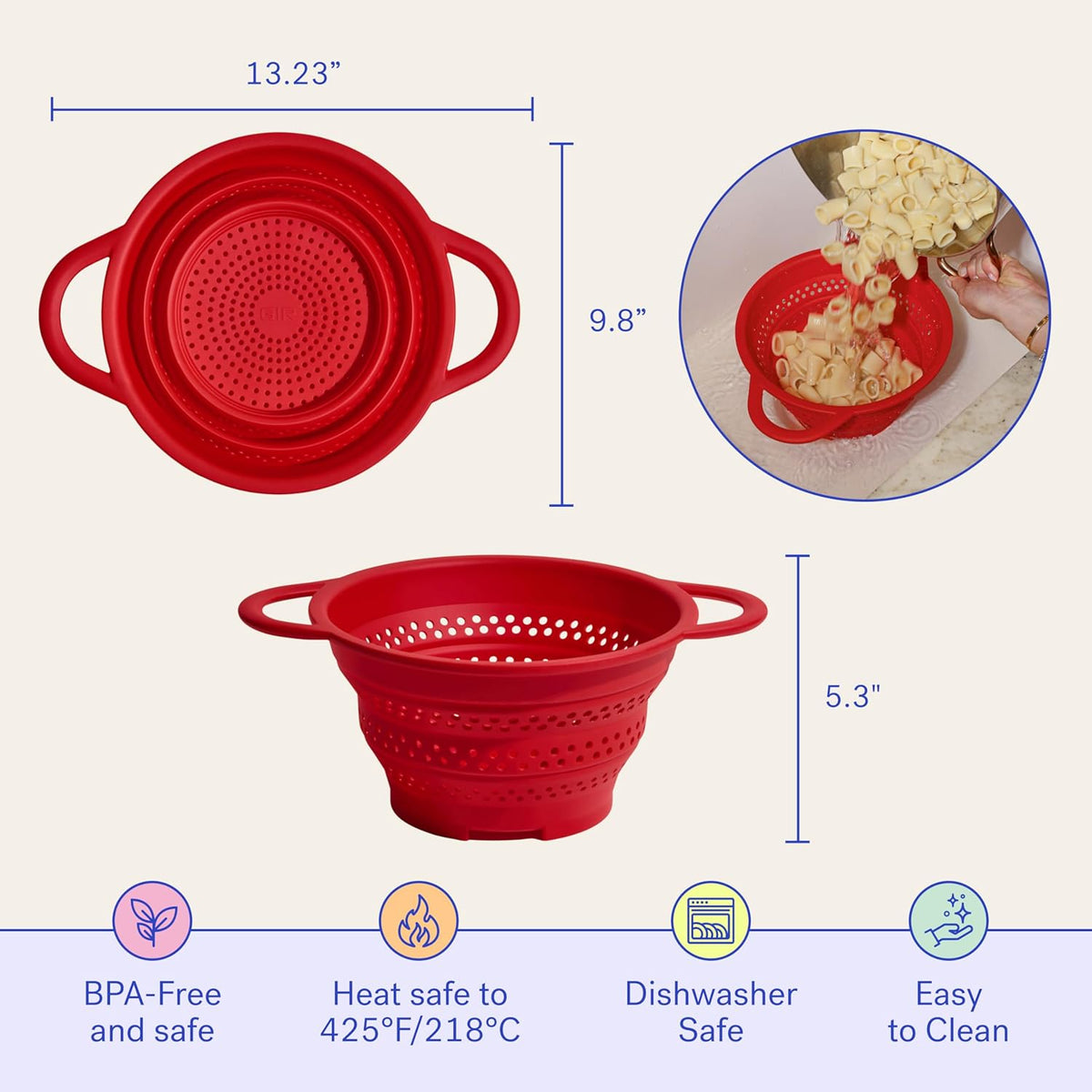 GIR Collapsible Colander for Kitchen – Space-Saving Strainer & Steamer – BPA-Free, Heat-Resistant, Dishwasher Safe Kitchen Strainer with Stainless Steel Rim – Durable Collapsible Colander - Red