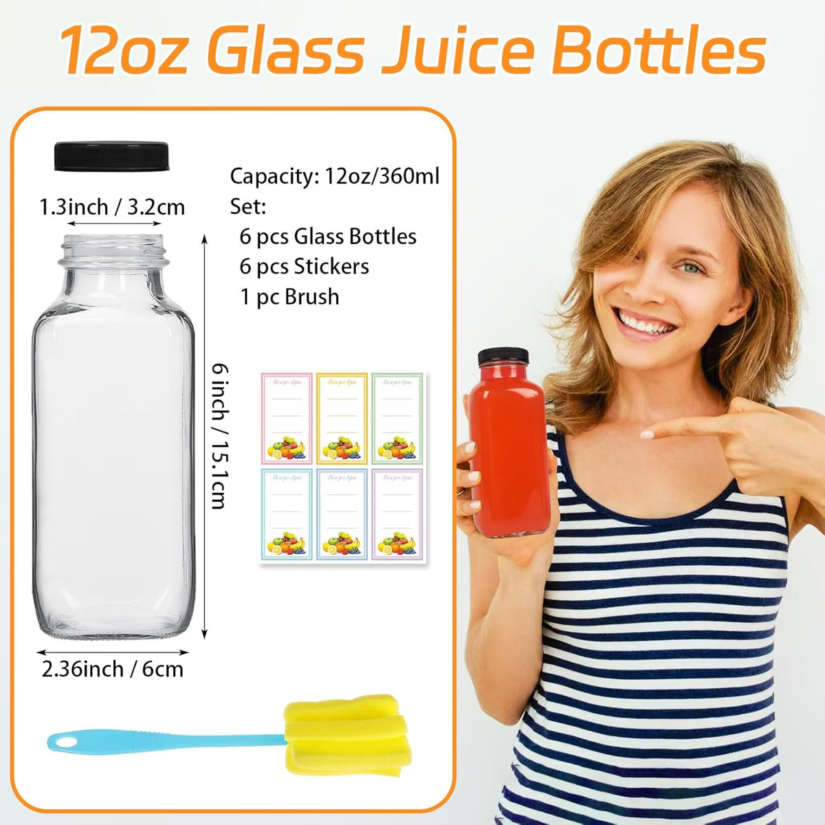 6 Pack 12oz Glass Drink Bottles with Lids, 360ml Vintage Glass Water Bottles with Caps, Reusable Juice Containers Drinking Jars for Juicing, Milk, Ginger, Kombucha, Beverage