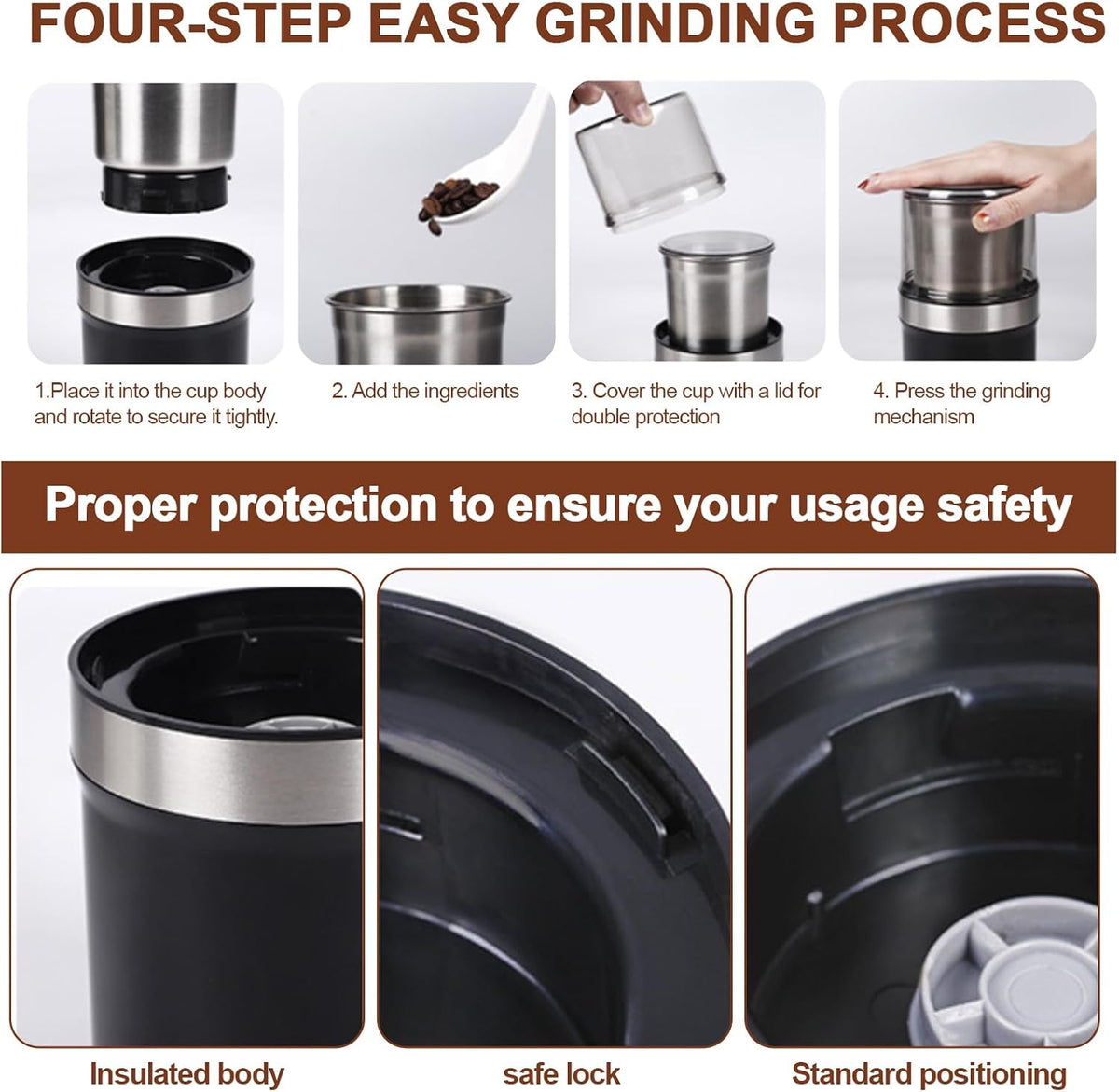 Electric Coffee Grinder, Dual Stainless Steel Bowls for Beans Spices Nuts Wet&Dry Grinding 30000RPM Overheat Protection Compact for Kitchen Herbs Spices Nuts Grains Espresso