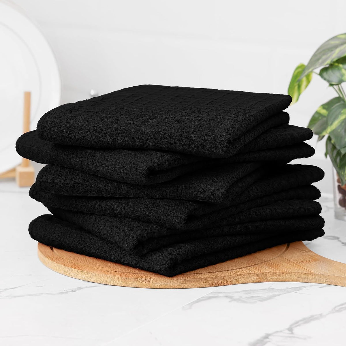Homaxy Microfiber Waffle Weave Kitchen Towels, 16 x 28 Inch Ultra Absorbent and Solid Color Dish Towels, 6 Pack, Black