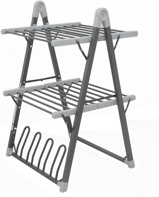 Electric Heated Clothes Drying Rack,Foldable Heated Garment Dryer with Timer Shut-Off Laundry Rack for Clothes Shoes Socks,Aluminum Alloy,Space Gray,Plug & Play,(39.37x25.98x23.82in)