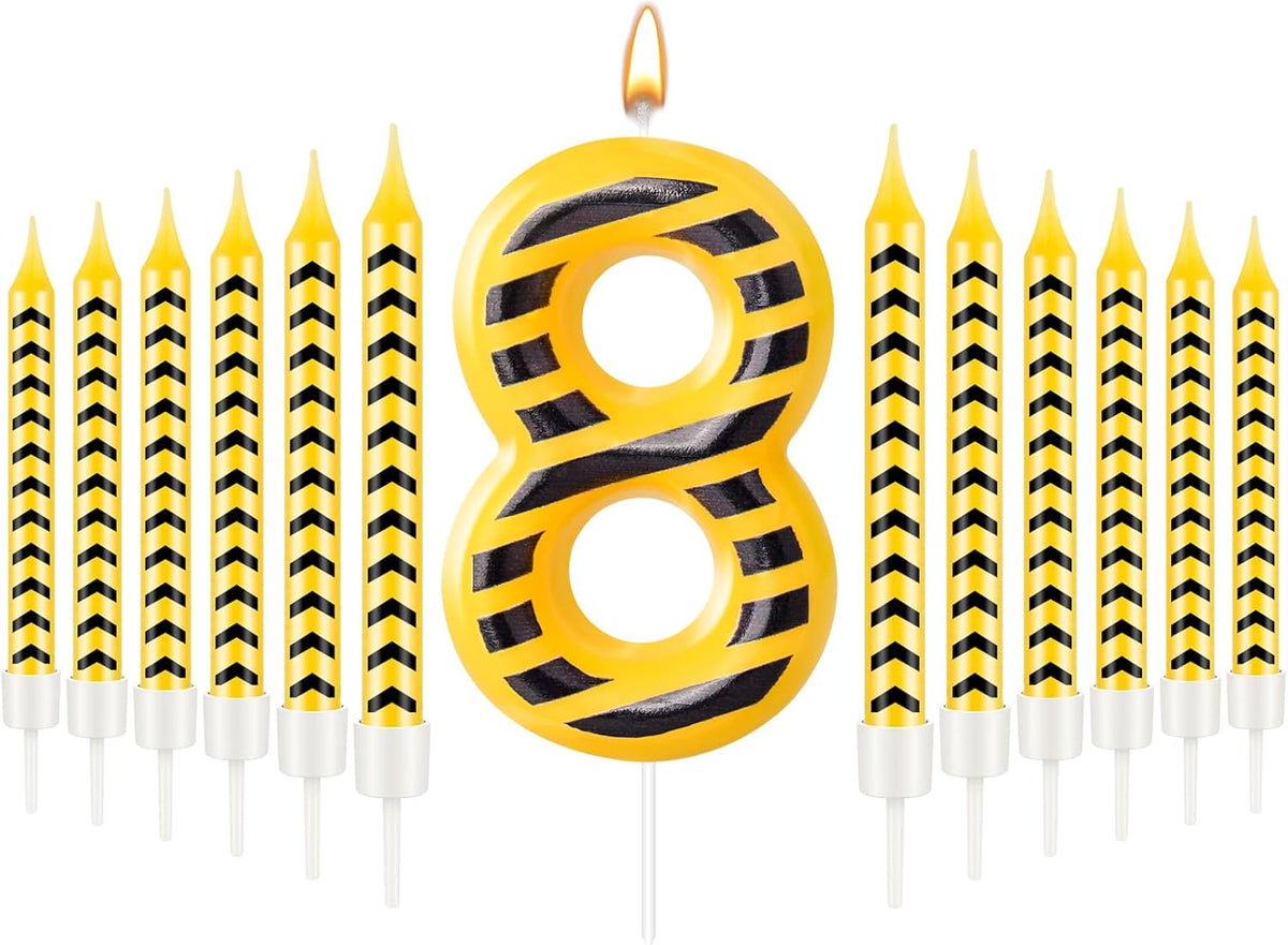 13 Pcs Construction Themed Birthday Candles Set Yellow and Black Number 8 Candle Cake Topper for Construction Party Decoration Supplies (Number 8)