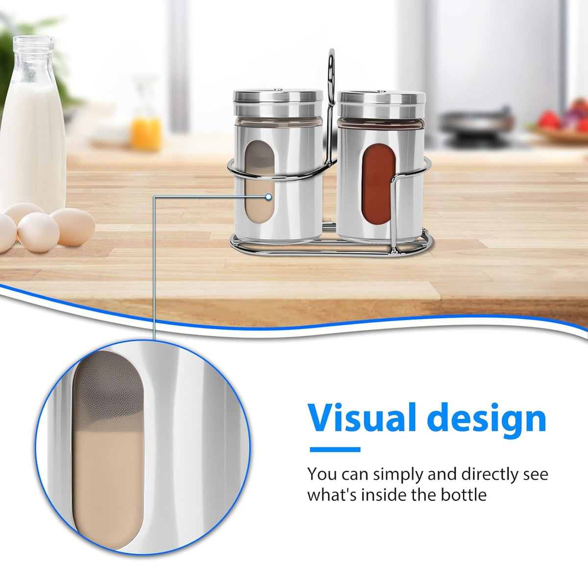 Glass Salt and Pepper Shaker Set with Seasoning Rack, Spice Rack, Adjustable Pour Hole Stainless Steel Lid, 2.8 oz, Spice Dispenser for Salt, Pepper, Spice Preservation (silver)
