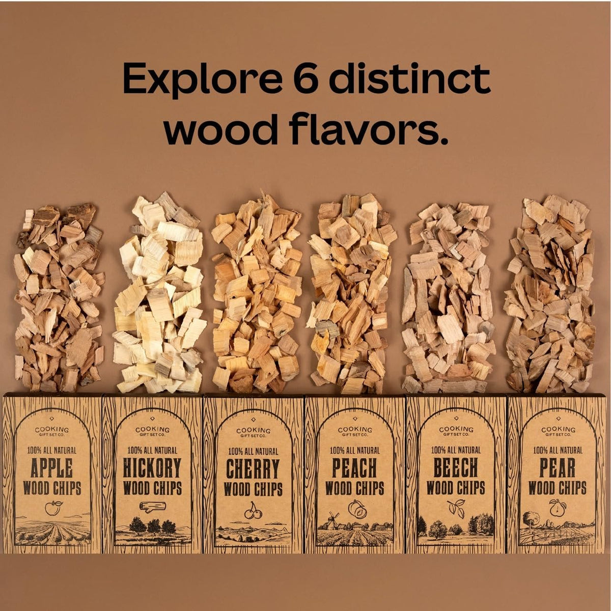 Large Wood Smoking Chips for Smoker - 6 Flavor Variety Pack of Natural Wood Chips - Apple, Hickory, Cherry, Peach, Beech, and Pear - Grilling Accessories for Smoker Grill, Charcoal and Gas Grill