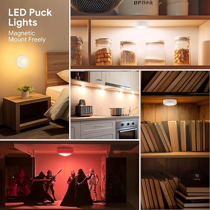 Yiliaw LED Puck Lights with Remote Control, AA Battery Operated, 12 Color Closet Under Cabinet Lighting, Push Tap Light, Under Counter for Kitchen, 12 Pack, White-Magnetic