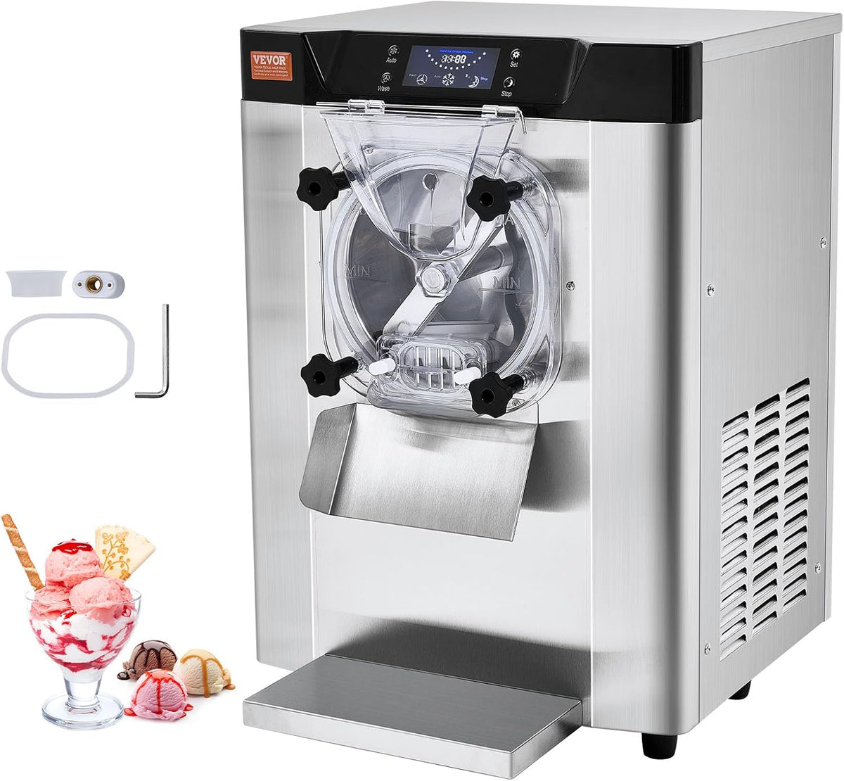 VEVOR Commercial Ice Cream Machine, 12 L/H Yield, 1713W Single Flavor Countertop Hard Serve Ice Cream Maker, 4.5L Stainless Steel Cylinder, LED Panel Auto Clean Pre-cooling, for Restaurant Snack Bars