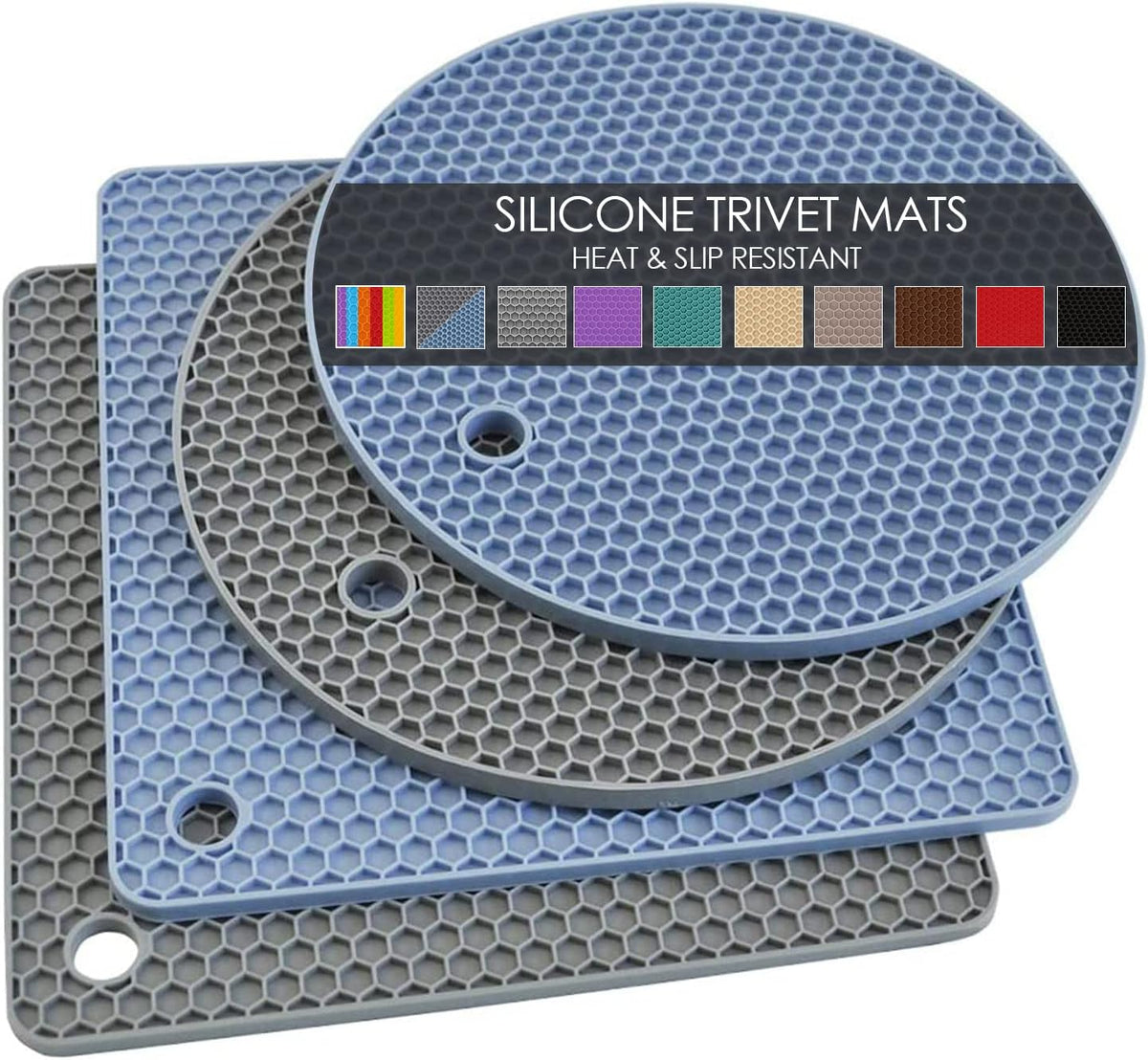 Trivets for Hot Dishes, 4 Pack Silicone Hot Pads Pot Holders for Kitchen, Non-Slip Heat Resistant Silicone Mat for Countertops, Spoon Rest, Multipurpose Food Grade Thick Trivet(Gray& Blue)