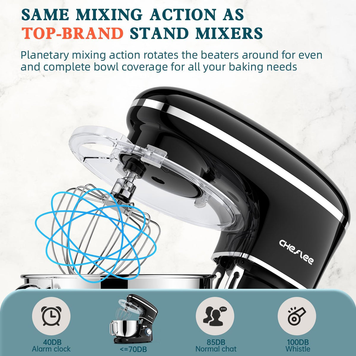 CHeflee Stand Mixer,600W 6+P With 6.5QT Stainless Steel Bowl,Dough Hook, Wire Whip & Beater,for Most Home Cooks,Black