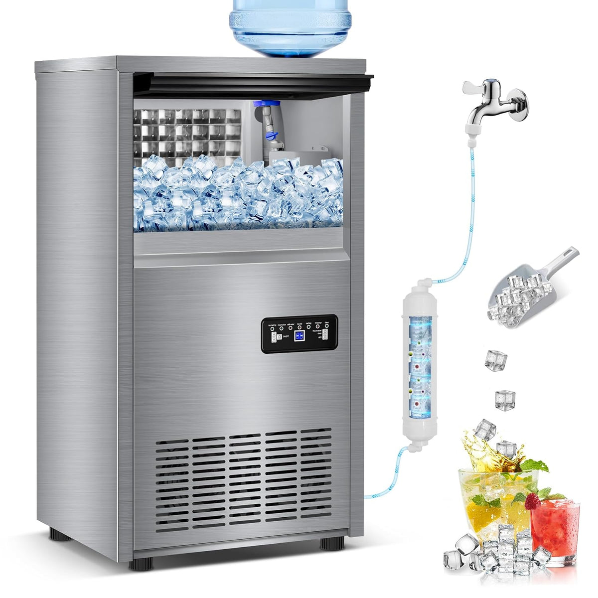 Commercial Ice Maker Machine, 140 lbs/24H with 40 lbs Storage Bin, Built in Ice Machine with 2-Water Inlet Options, Stainless Steel Under Counter Freestanding Ice Maker for Home, Bar, and Restaurant