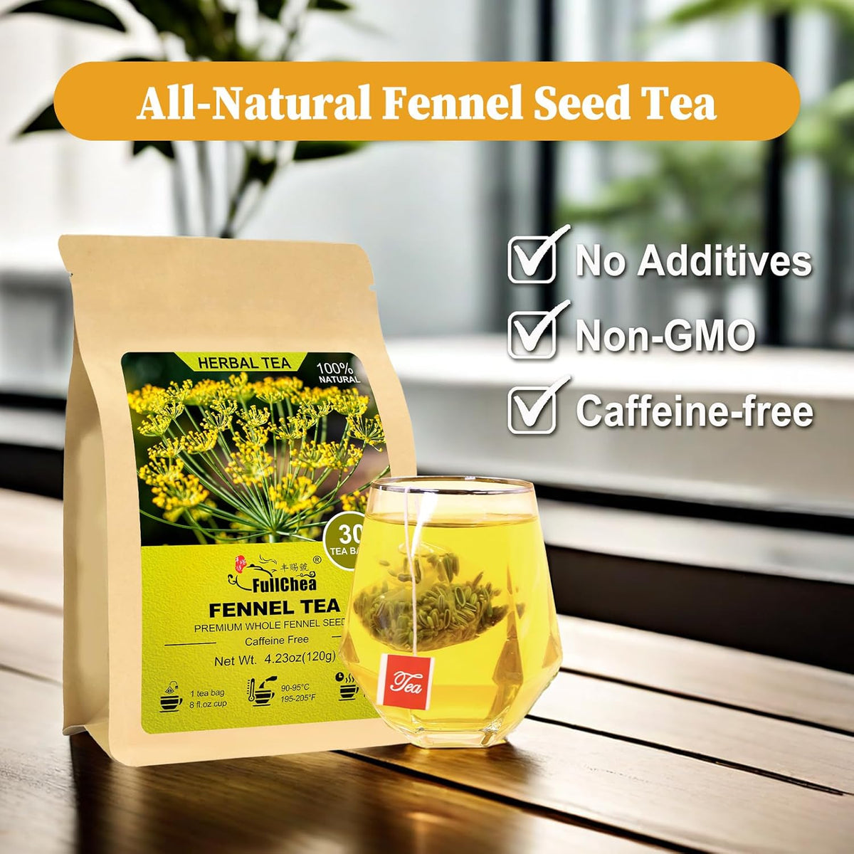 FullChea - Fennel Tea Bags, 30 Teabags, 4g/bag - Premium Whole Fennel Seeds - Non-GMO - Caffeine-free - Helps Improve Digestion & Immune System
