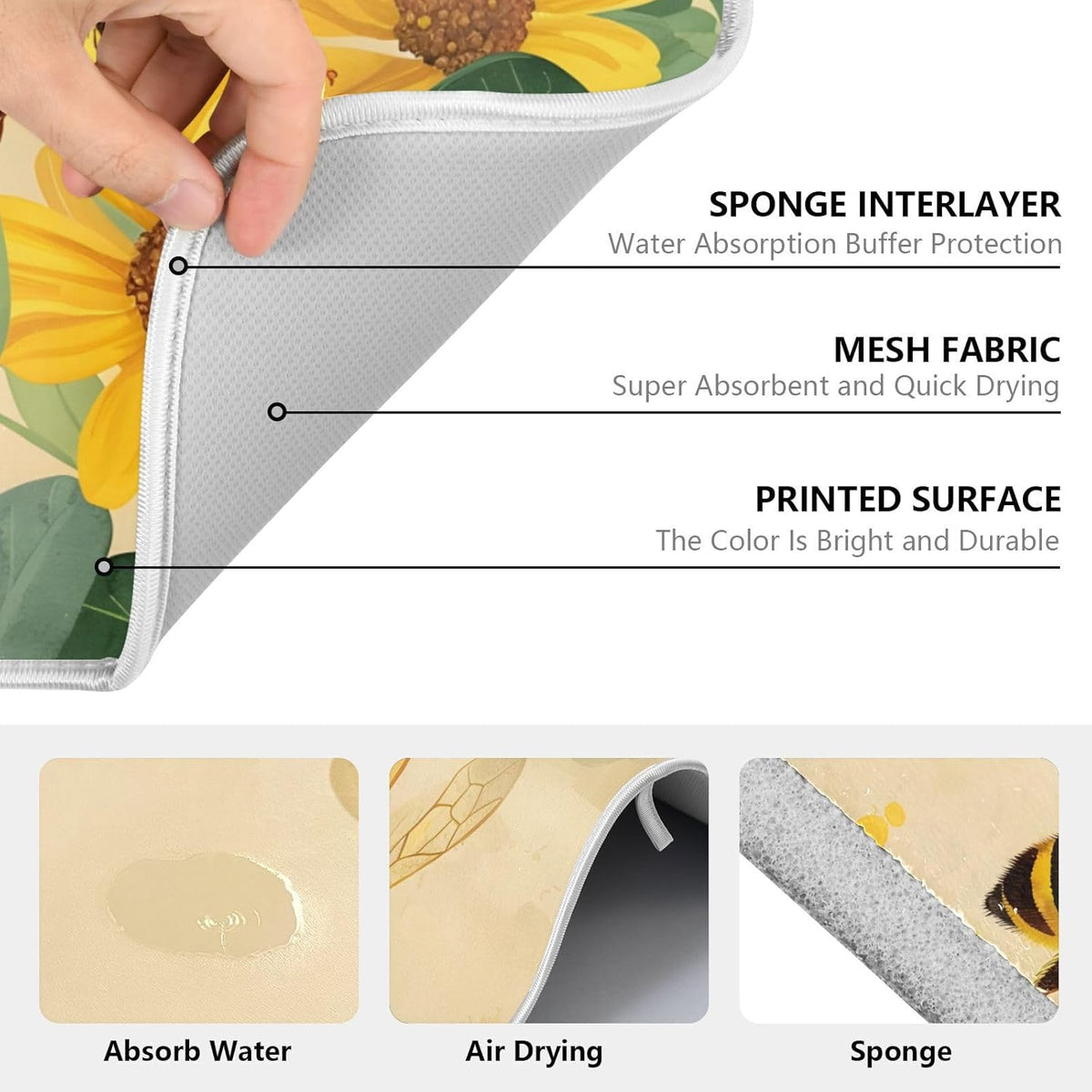 Honey Bee Dish Drying Mat for Kitchen Counter Absorbent Microfiber Large Drying Pad Yellow Flowers Leaves Dish Mats for Kitchen Countertops 18 x 24 Inch117