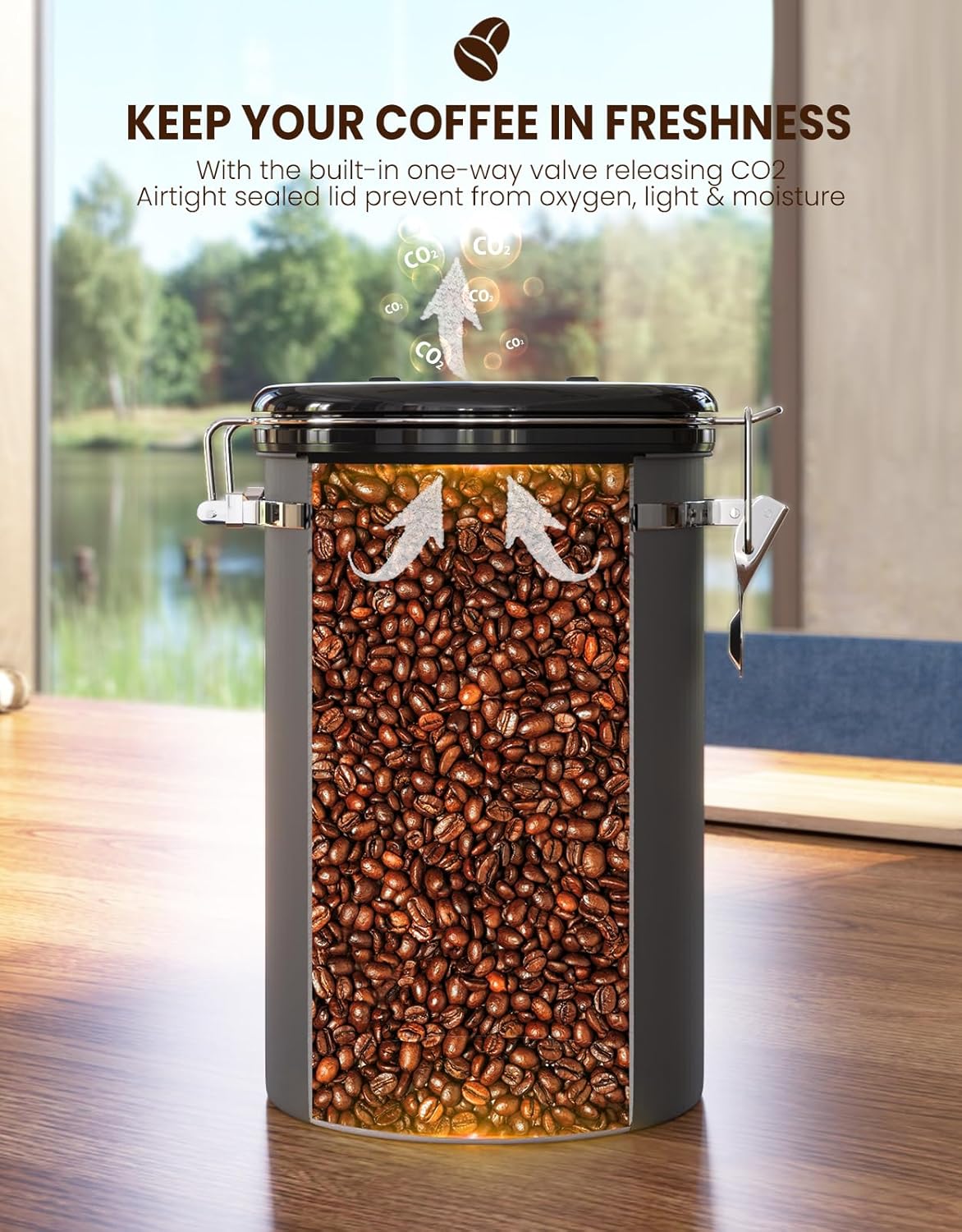 HAIOOU Large Coffee Canister, 38OZ Oversized Stainless Steel Coffee Bean Storage Container with Date Tracker, Measuring Scoop, CO2 Releasing Valves for Beans, Grounds and more - Gray