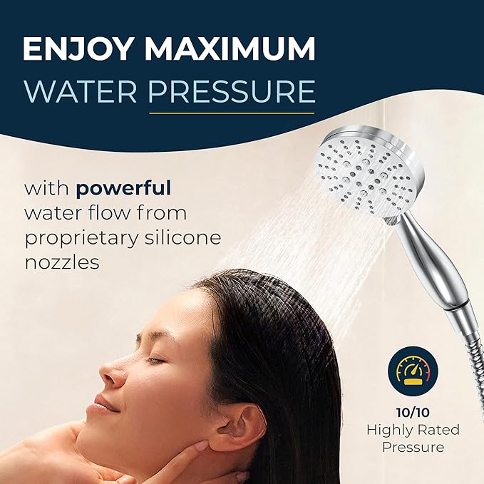 HammerHead Showers® Solid Metal 3-Spray Handheld Shower Head with Long Hose and Holder - CHROME - WIDE, MASSAGE, and MIST Sprays - 1.8 GPM Low Flow Handheld Showerhead - Water Saving Shower Head