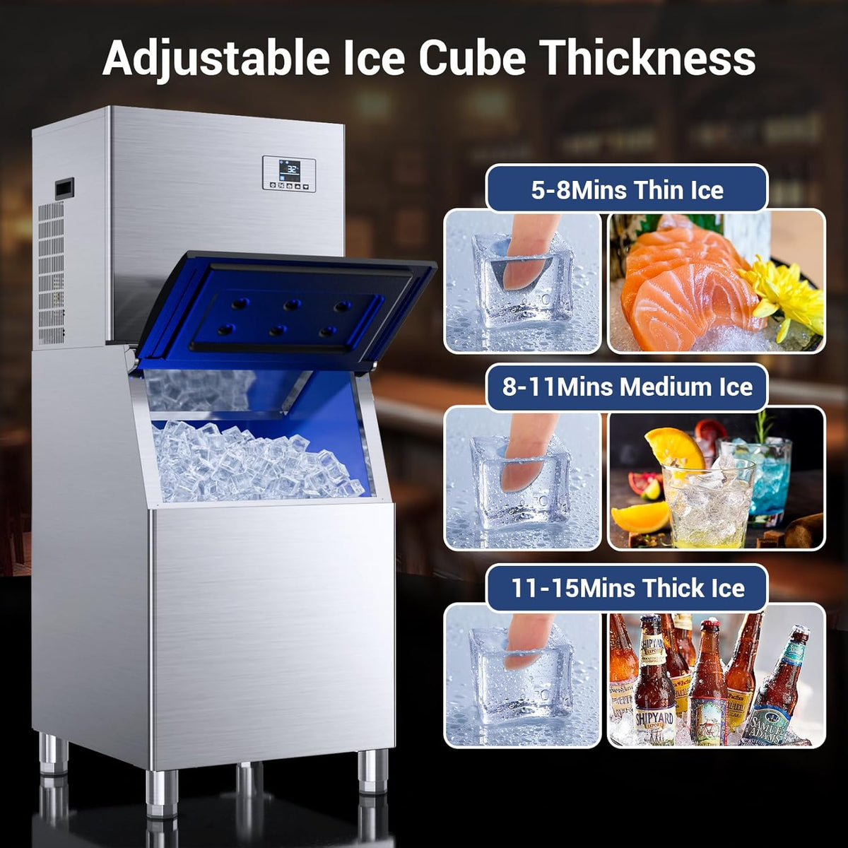 Commercial Ice Machine Maker 650lbs/24H, Large Capacity 400lbs, Stainless Steel Electric Ice Machine with Self Cleaning Function,12 Adjustable Ice Thicknesses