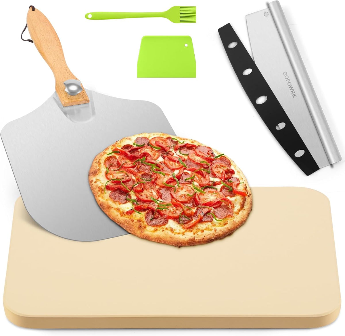 GOFOWEK Pizza Stone 5 PCS Set, 15 x 12" Large Rectangle Pizza Stone Set for Oven and Grill with Metal Pizza Peels & Cutter Rocker, 0.6'' Thickened Stone Pizza Pan, Baking Stone for Pizza, Bread