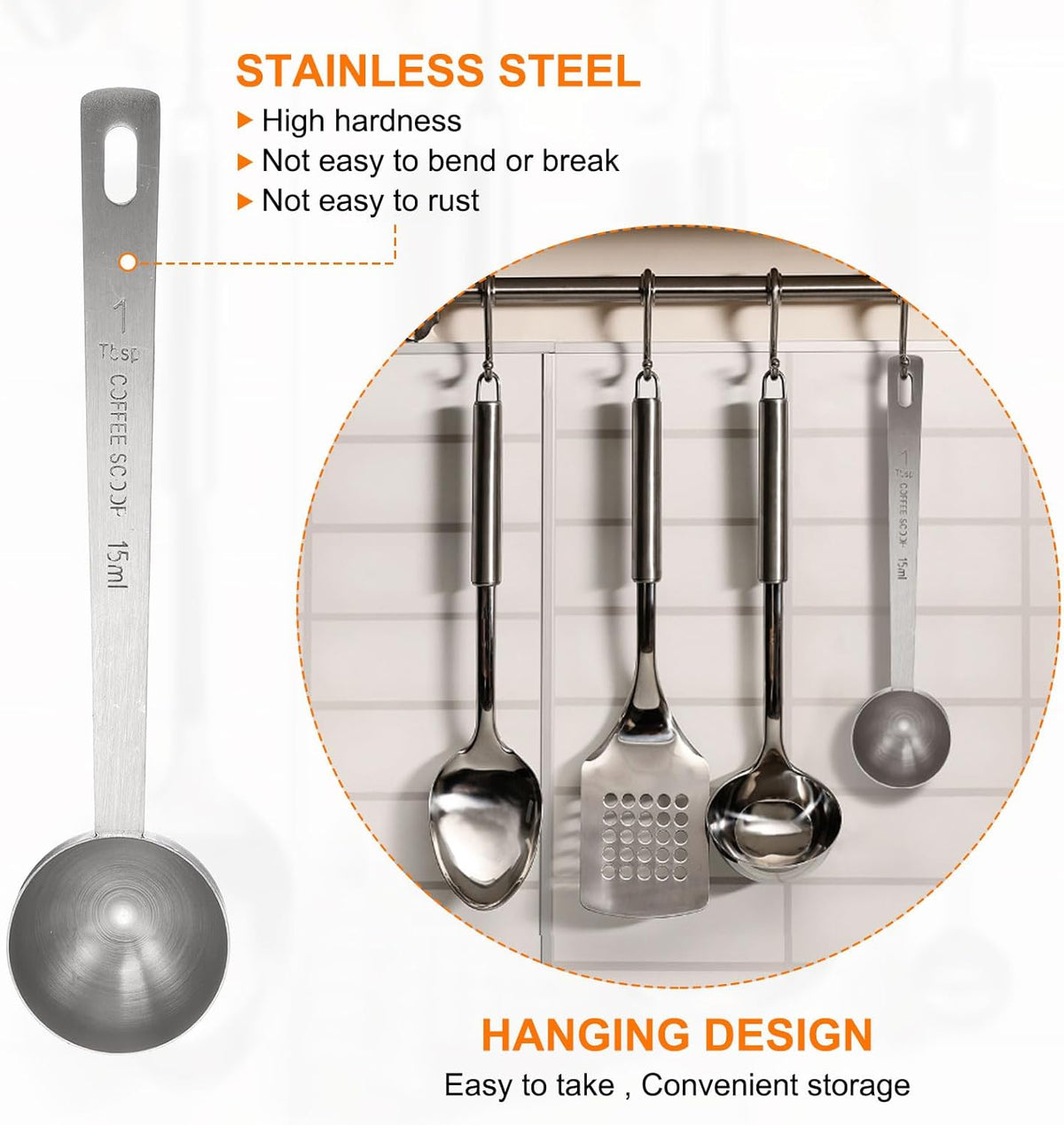 HARFINGTON 3pcs Coffee Scoop Spoon 1tbsp (3tsp, 15ml) 304 Stainless Steel Long Handle Teaspoon/Tablespoon Measuring Spoons Scoops for Tea Sugar Kitchen, Silver