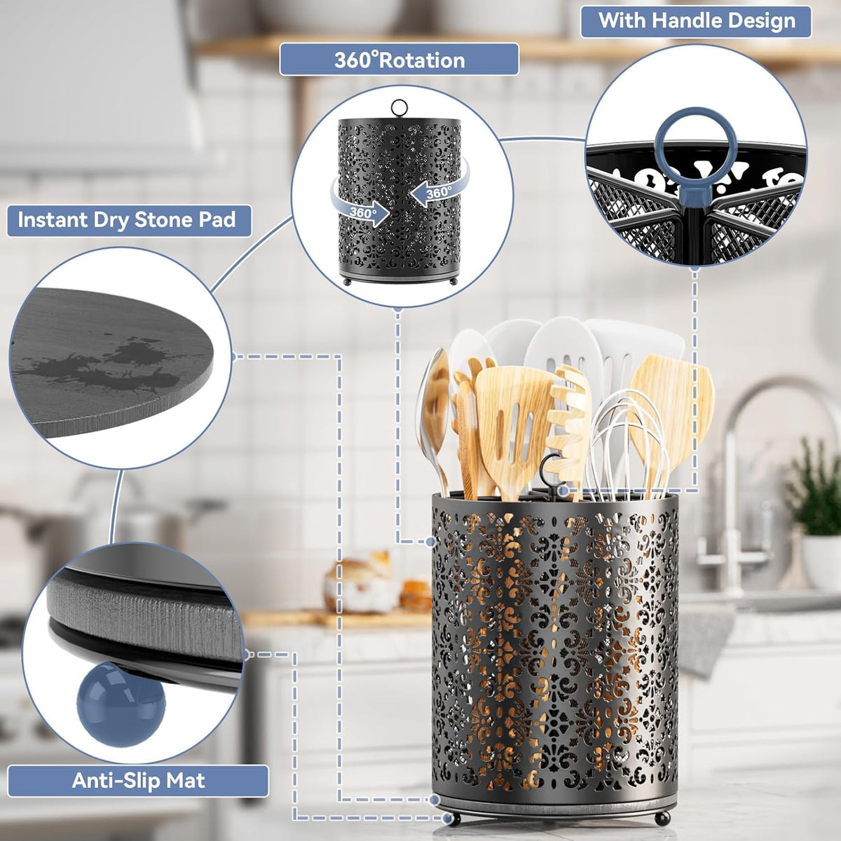 360° Rotating Utensil Holder - Extra Large Cooking Utensils Caddy Counter Organizer with Instant-Dry and Removable Base for Kitchen Tools