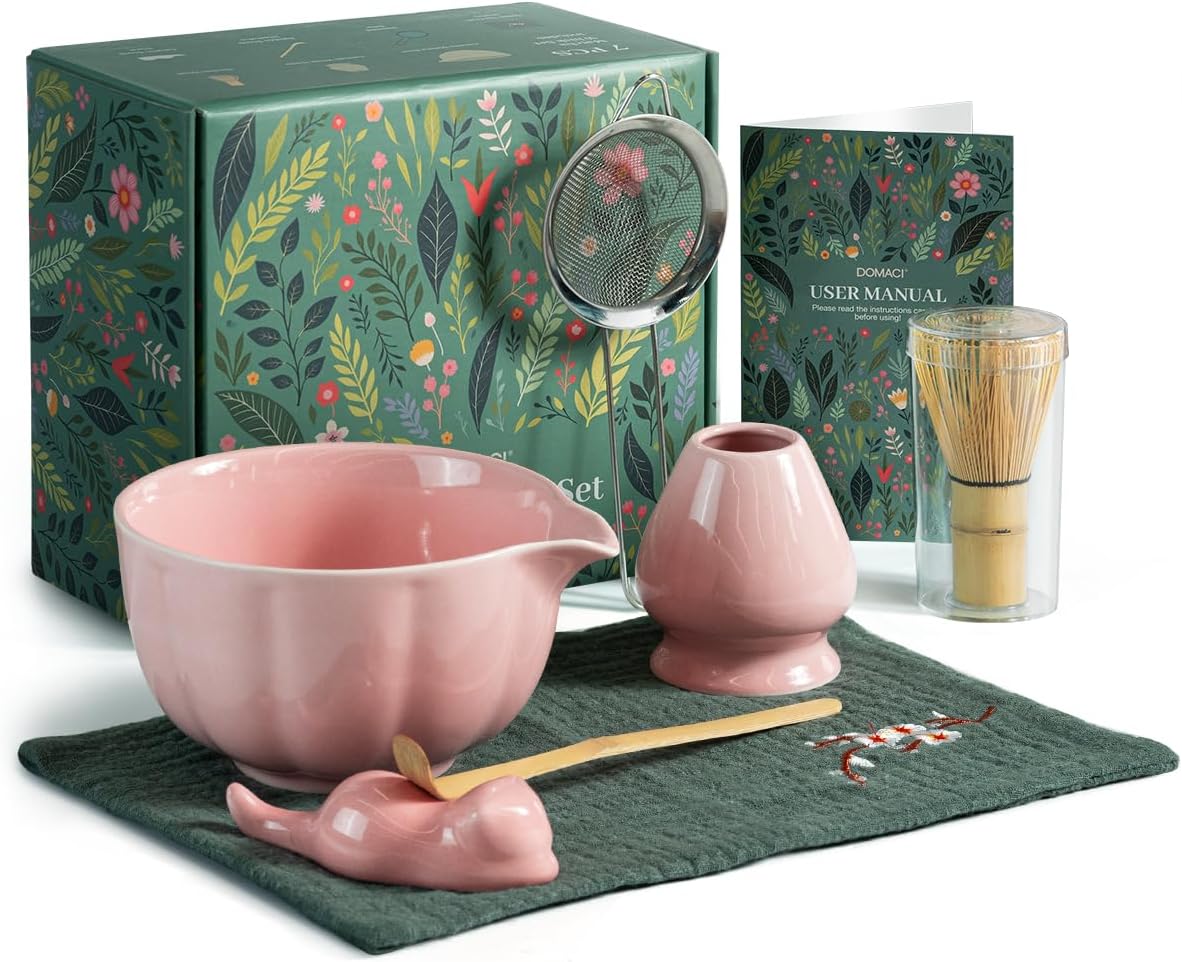 Pink Matcha Kit, 7 Pcs Matcha Whisk Set Includes Matcha Bowl with Spout, Bamboo Whisk, Chasen Holder, Sifter, Scoop and Rest, Tea Towel, Matcha Making Kit Tools for Family/Friend
