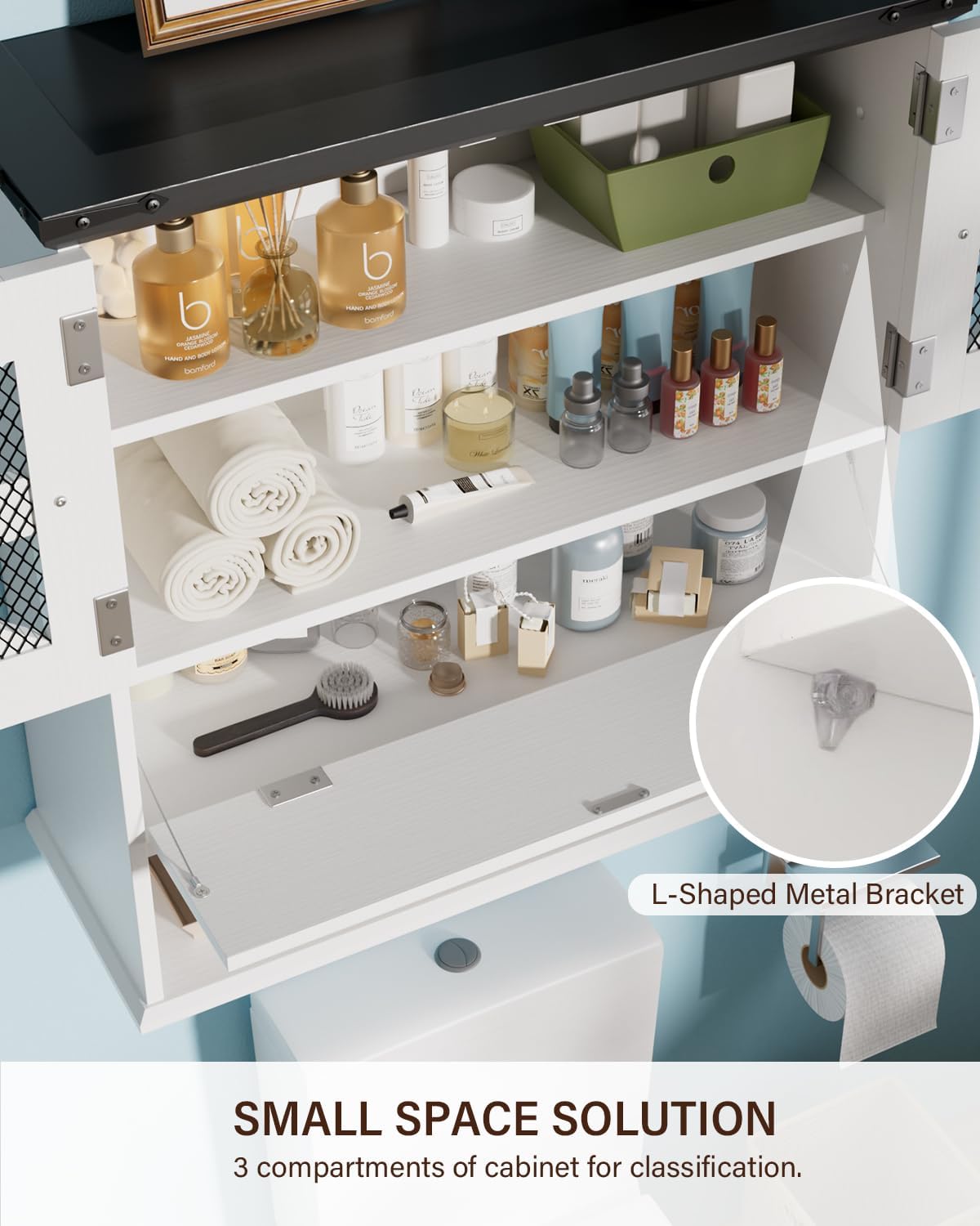 Wall Mounted Bathroom Cabinet with Double Doors, Flip-Down Storage and Open Shelf, Modern White Finish, Over-The-Toilet Space Saver Cabinet