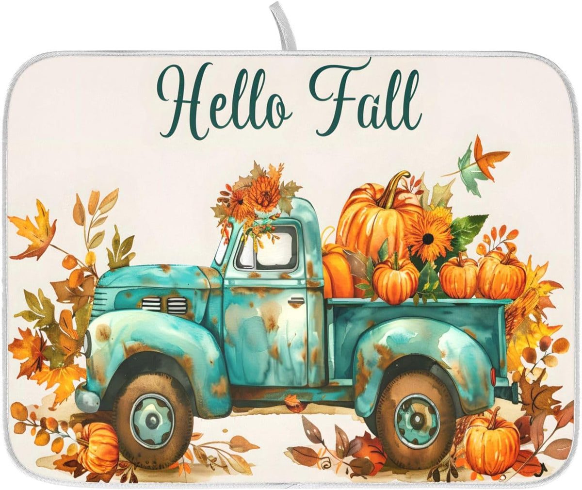 Vintage Fall Truck with Pumpkins Autumn Leaves Dish Drying Mat for Kitchen Counter Absorbent Microfiber Small Drying Pad Dish Mats for Kitchen Countertops 16 x 18 Inch
