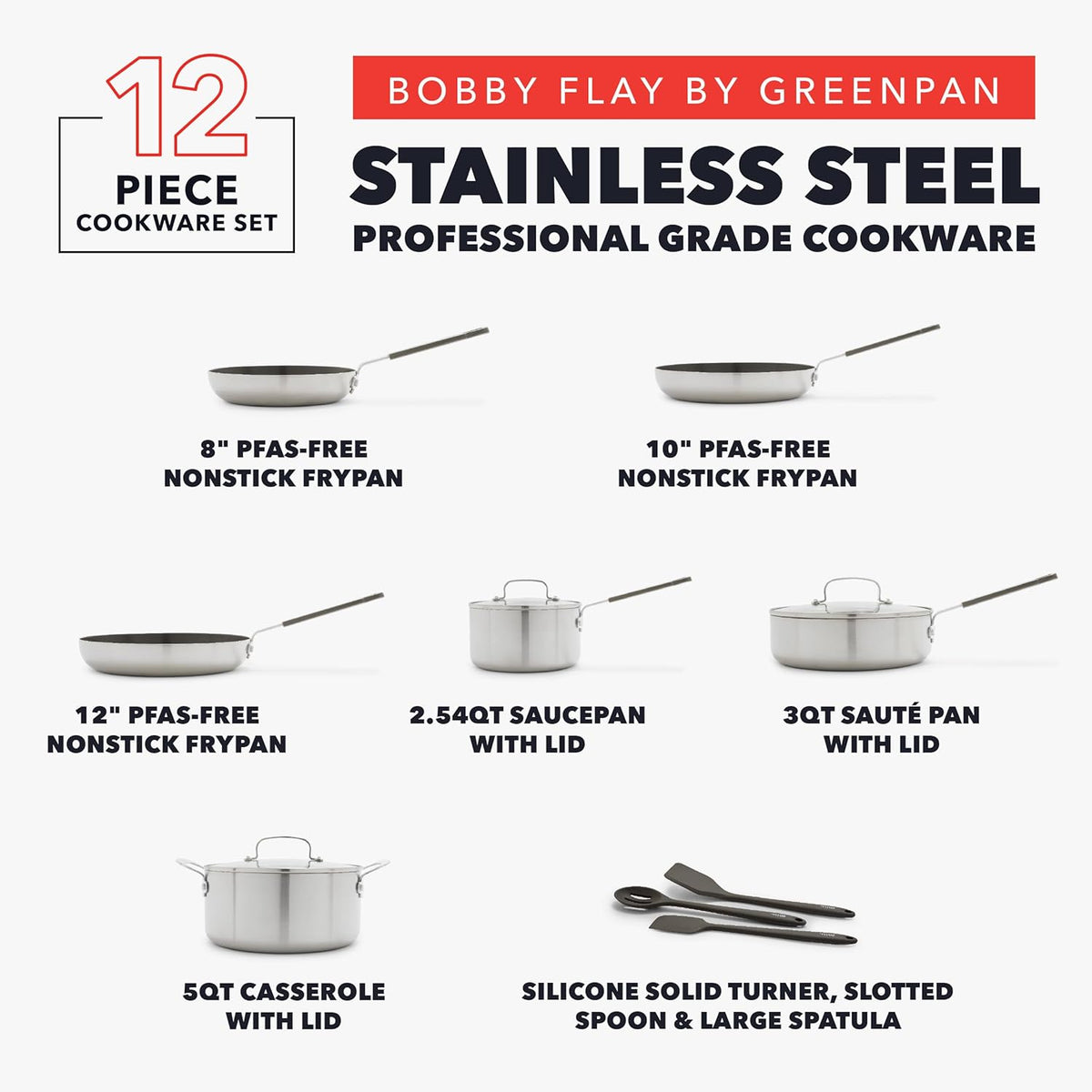 GreenPan x Bobby Flay Stainless Steel 12 Piece Cookware Pots & Pans Set, Professional Grade Tri-Ply, Multiclad, PFAS-Free Ceramic Nonstick, Induction Suitable, Dishwasher & Oven Safe,Stay Cool Handles