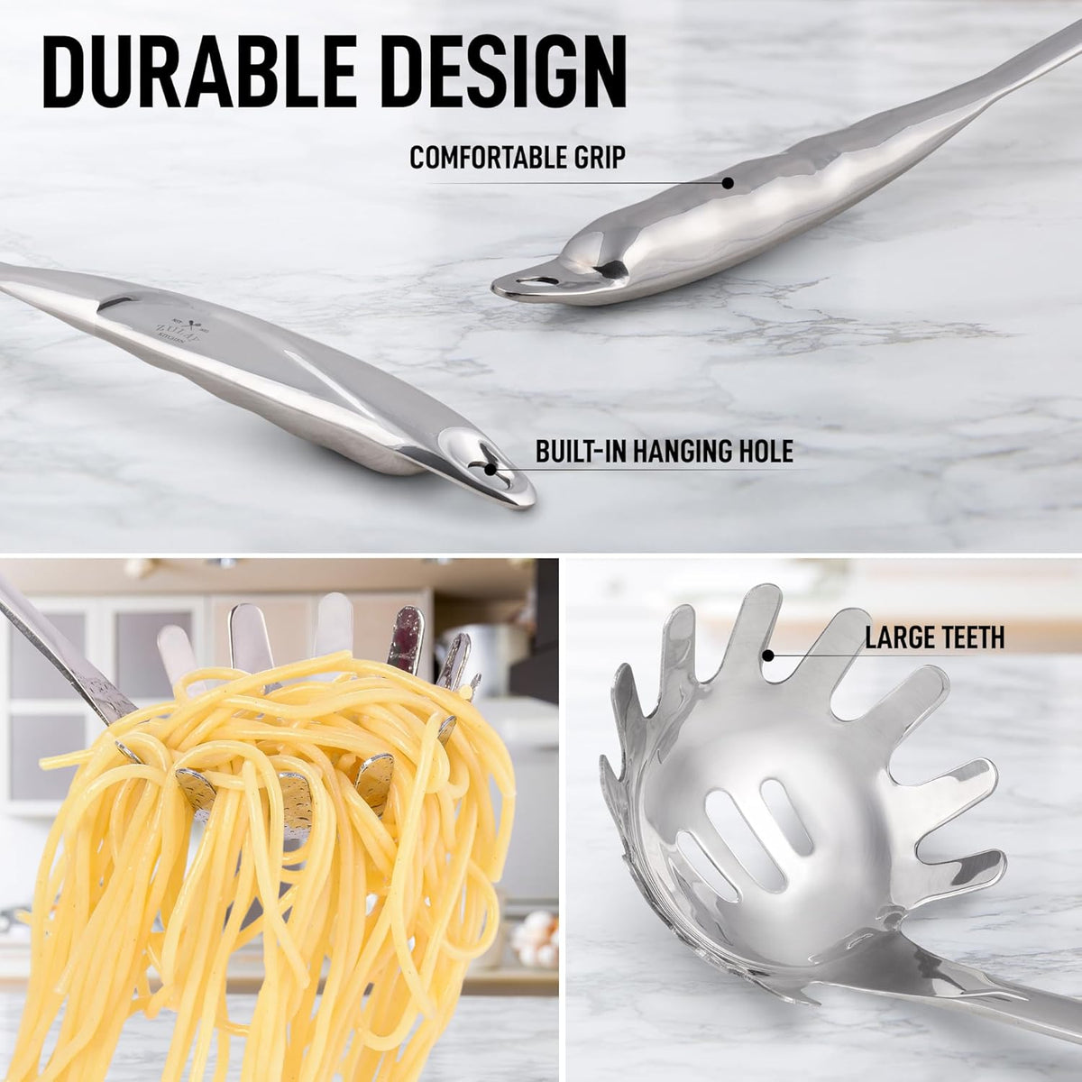 Zulay Kitchen Premium Stainless Steel Spaghetti Spoon - Pasta Spoon with Teeth - Metal Pasta Spoon - Pasta Fork Noodle Spoon - Easy to Use & Clean Pasta Utensil - 12’ Pasta Server