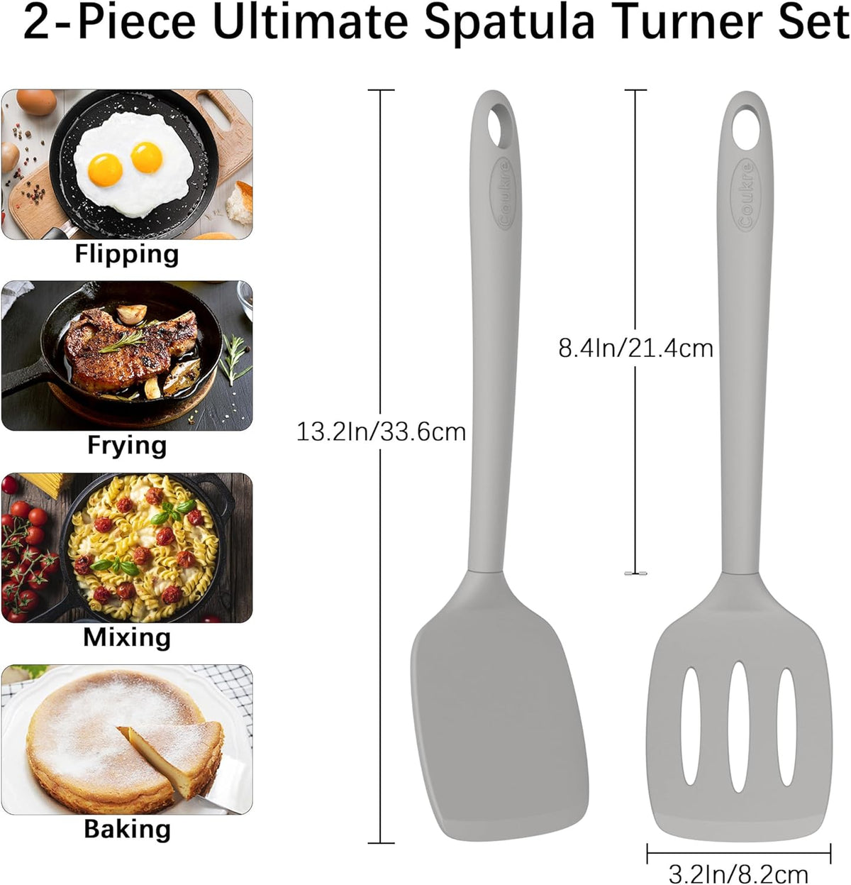 Coukre 2 Pack Silicone Spatula Set, High Heat Resistant, BPA Free Kitchen Spatula, Solid & Slotted Turner for Non-Stick Pans, Sautéing, and Flipping (2, PureGray)